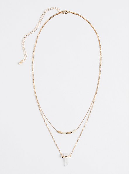 Gold Tone Layered Necklace With Beads And Quartz, , hi-res