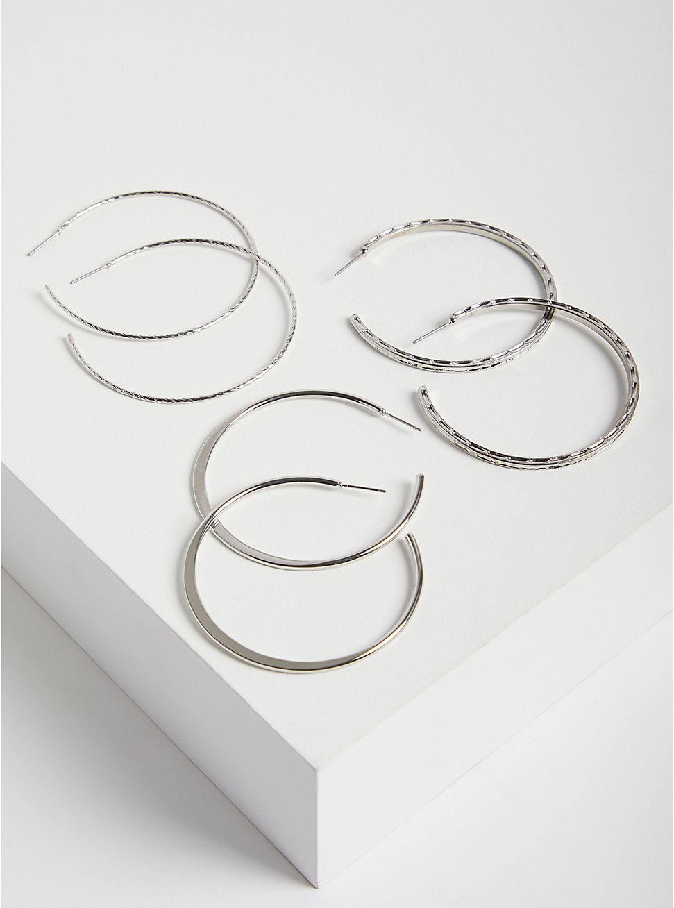 Plus Size Trio Textured Hoop Earring - Silver Tone, , hi-res