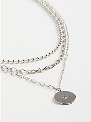 Layered Necklace With Disc - Two Row Silver Tone, , alternate