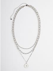 Layered Necklace With Disc - Two Row Silver Tone, , hi-res