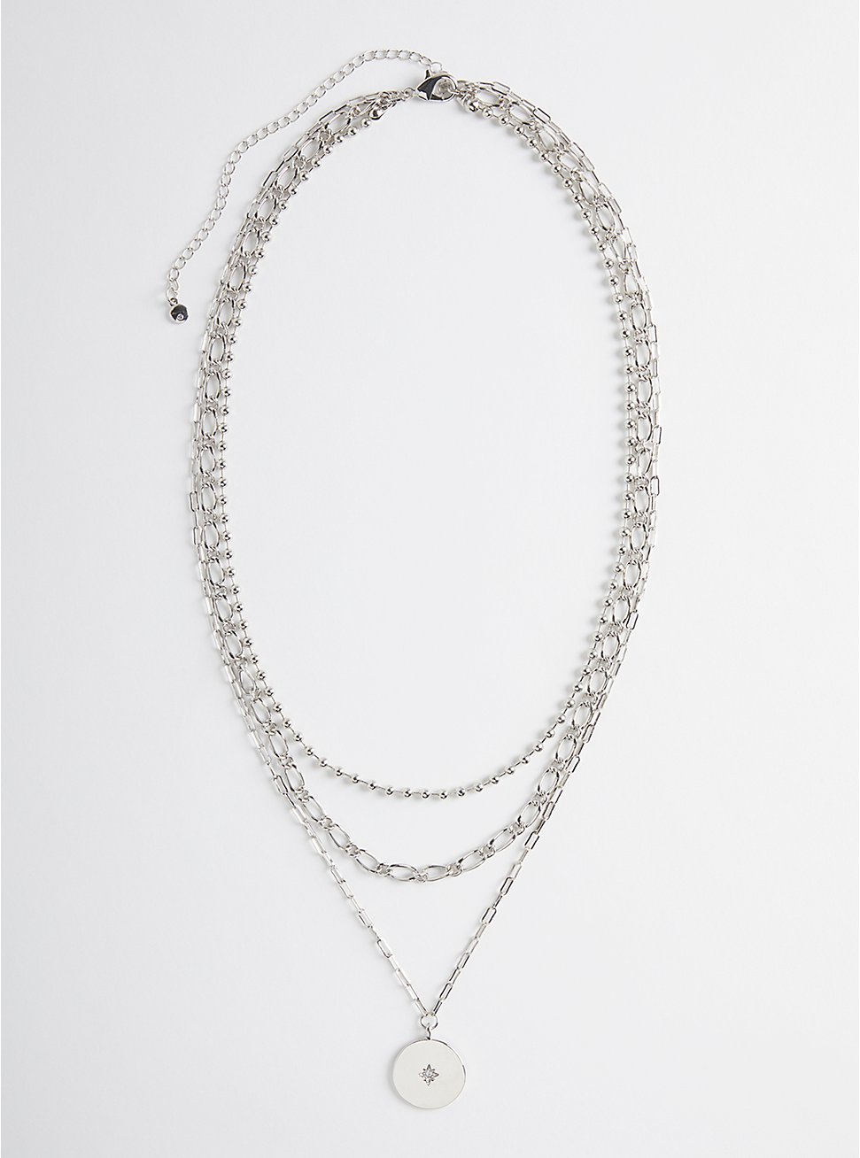 Layered Necklace With Disc - Two Row Silver Tone, , hi-res