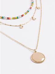 Beaded Layered Necklace with Disk - Gold Tone , , alternate