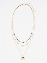 Beaded Layered Necklace with Disk - Gold Tone , , hi-res
