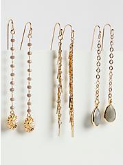 Plus Size Grey Stone Linear Earring Set of 3 - Gold Tone, , hi-res