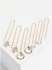 Star & Moon with Pearl Threader Earrings - Gold Tone , , hi-res