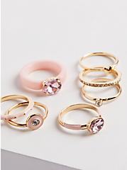 Ring Set of 7 - Gold Tone & Pink Enamel, PINK, alternate