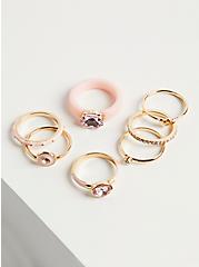 Ring Set of 7 - Gold Tone & Pink Enamel, PINK, hi-res