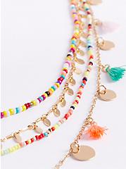 Layered Necklace with Multi Color Tassels - Gold Tone, , alternate