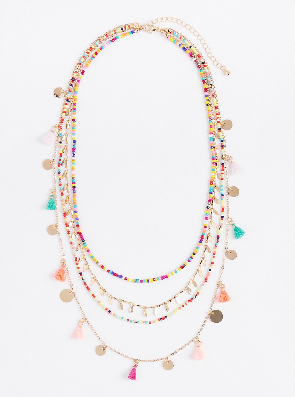 Layered Necklace with Multi Color Tassels - Gold Tone, , hi-res