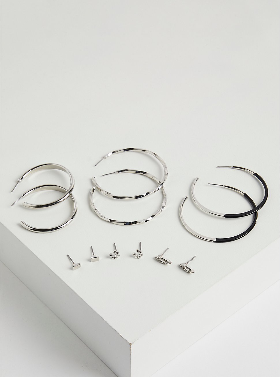 Enamel Hoop Earring Set of 6 - Silver Tone & Black , , hi-res