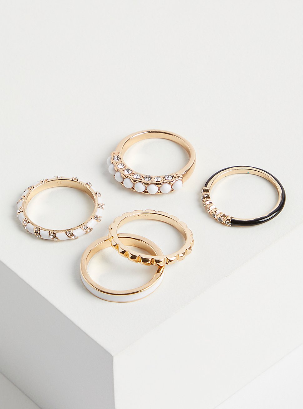 Enamel Ring Set of 5 - Gold Tone & White, GOLD, hi-res