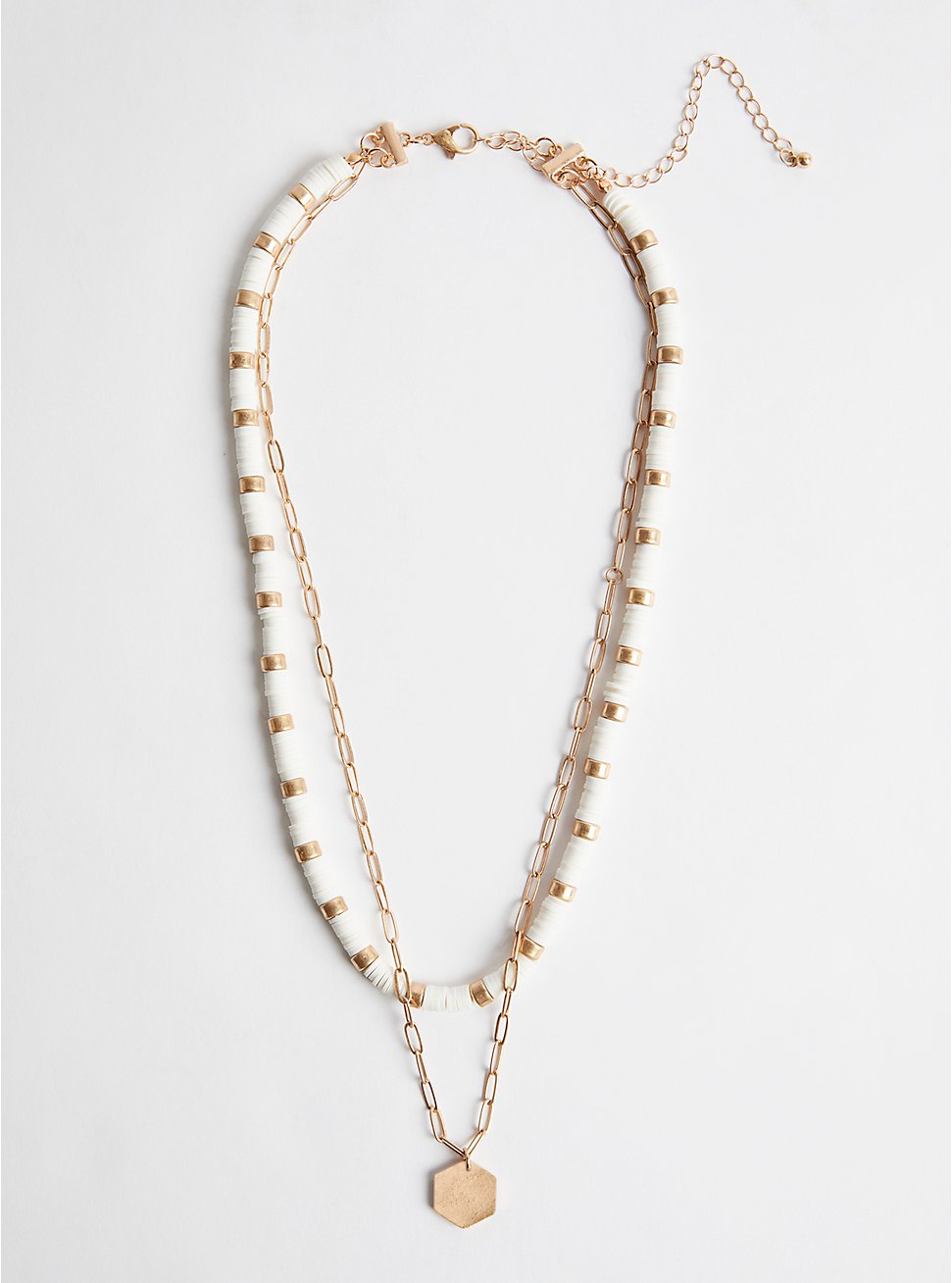 Layered Necklace with Beading - Gold Tone & White, , hi-res