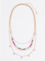Plus Size Disc Layered Necklace with Multi Color Beads - Gold Tone, , hi-res