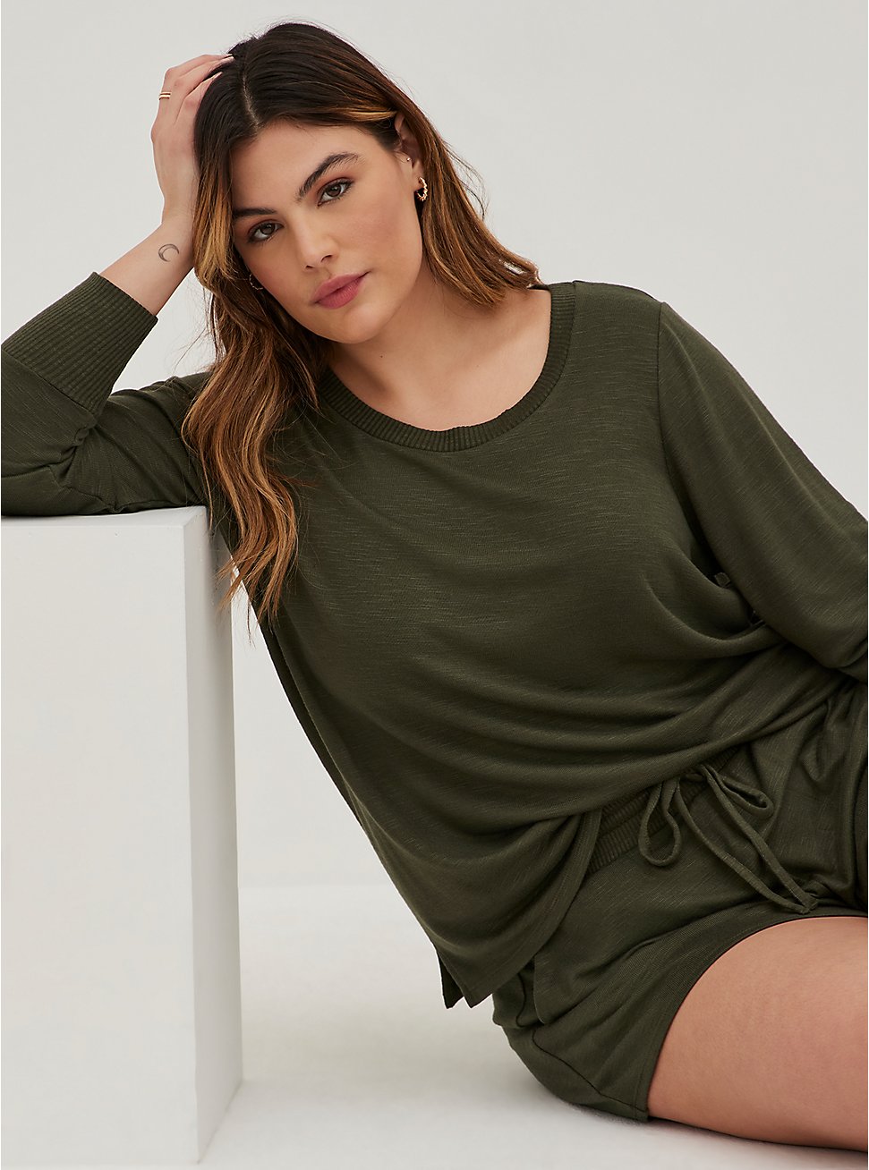 Light Weight Hacci Long Sleeve Lounge Tee, OLIVE, hi-res