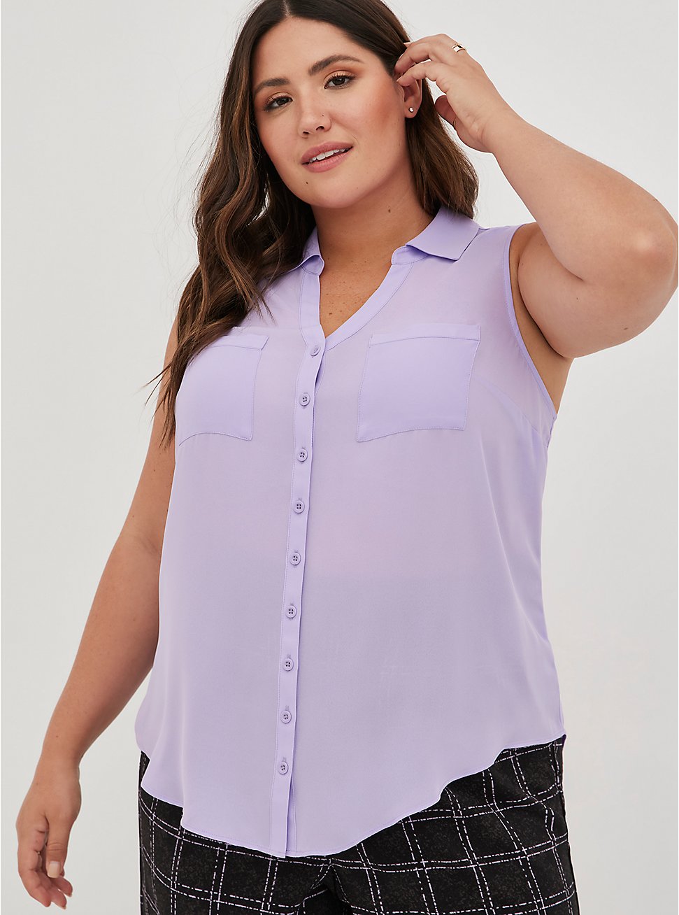 Plus Size Madison Georgette Button-Up Sleeveless Shirt, PURPLE, hi-res