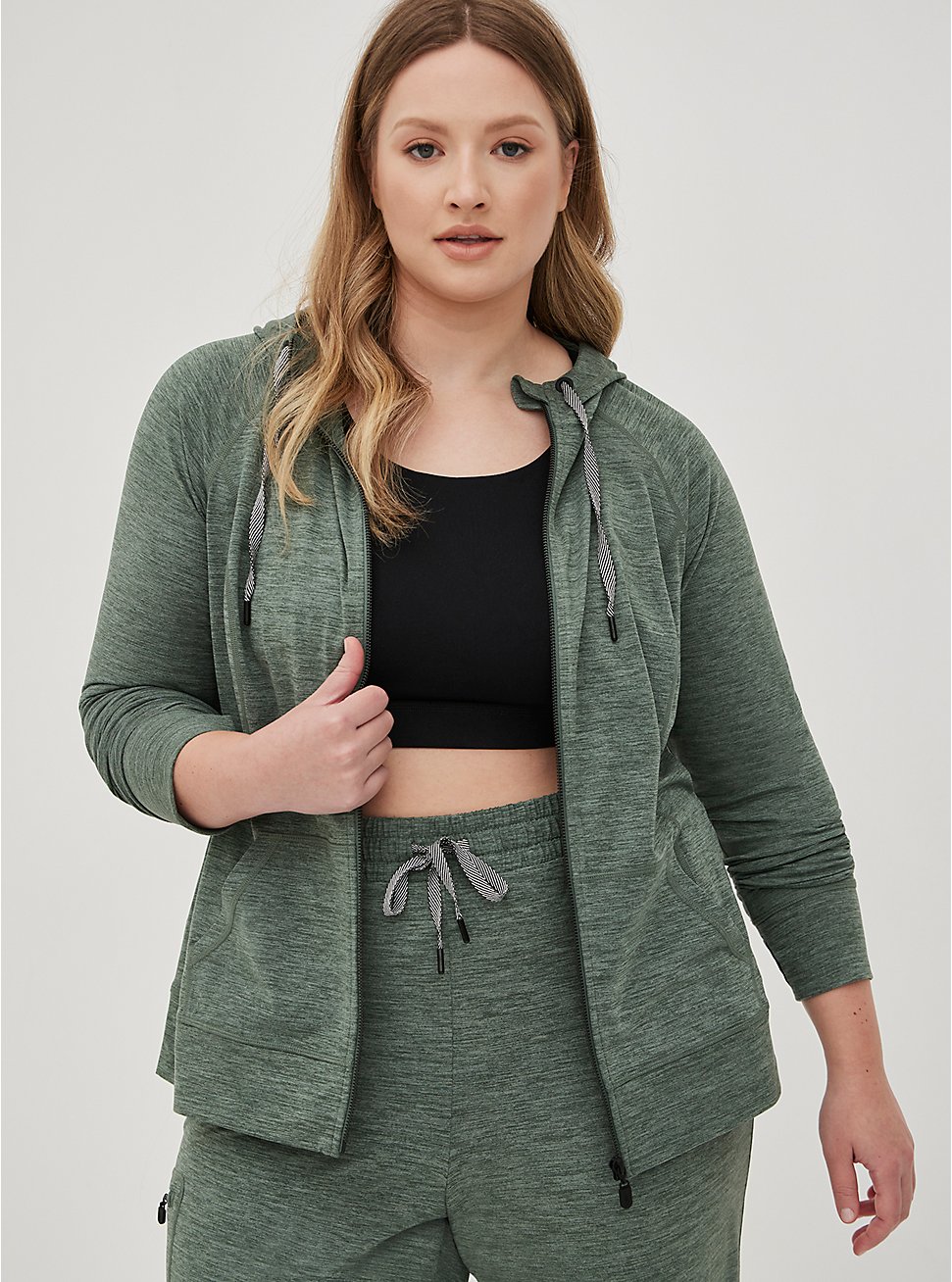 Plus Size Happy Camper Zip Front Hoodie - Super Soft Performance Jersey Green, FOREST, hi-res