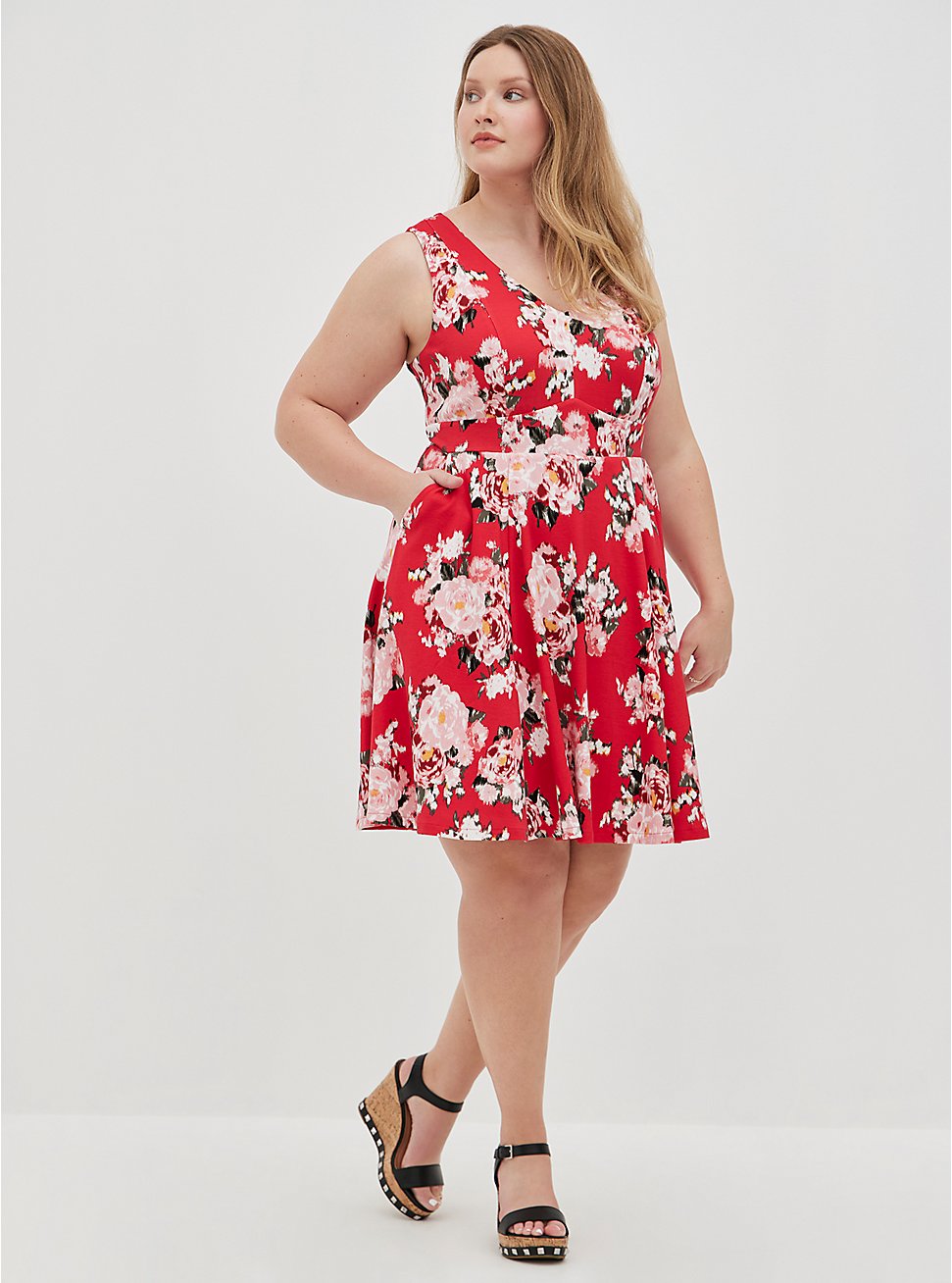 Plus Size Contouring Fit & Flare Dress - Ponte Floral Red, FLORAL - RED, hi-res