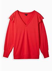 Lt Weight French Terry V-Neck Ruffle Shoulder Sweatshirt, PINK, hi-res