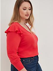 Lt Weight French Terry V-Neck Ruffle Shoulder Sweatshirt, PINK, hi-res