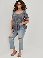 Plus Size Peasant Babydoll Top - Textured Jersey Boho Floral Grey, OTHER PRINTS, alternate