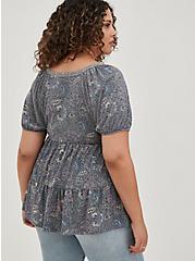 Plus Size Peasant Babydoll Top - Textured Jersey Boho Floral Grey, OTHER PRINTS, alternate