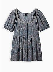 Plus Size Peasant Babydoll Top - Textured Jersey Boho Floral Grey, OTHER PRINTS, hi-res