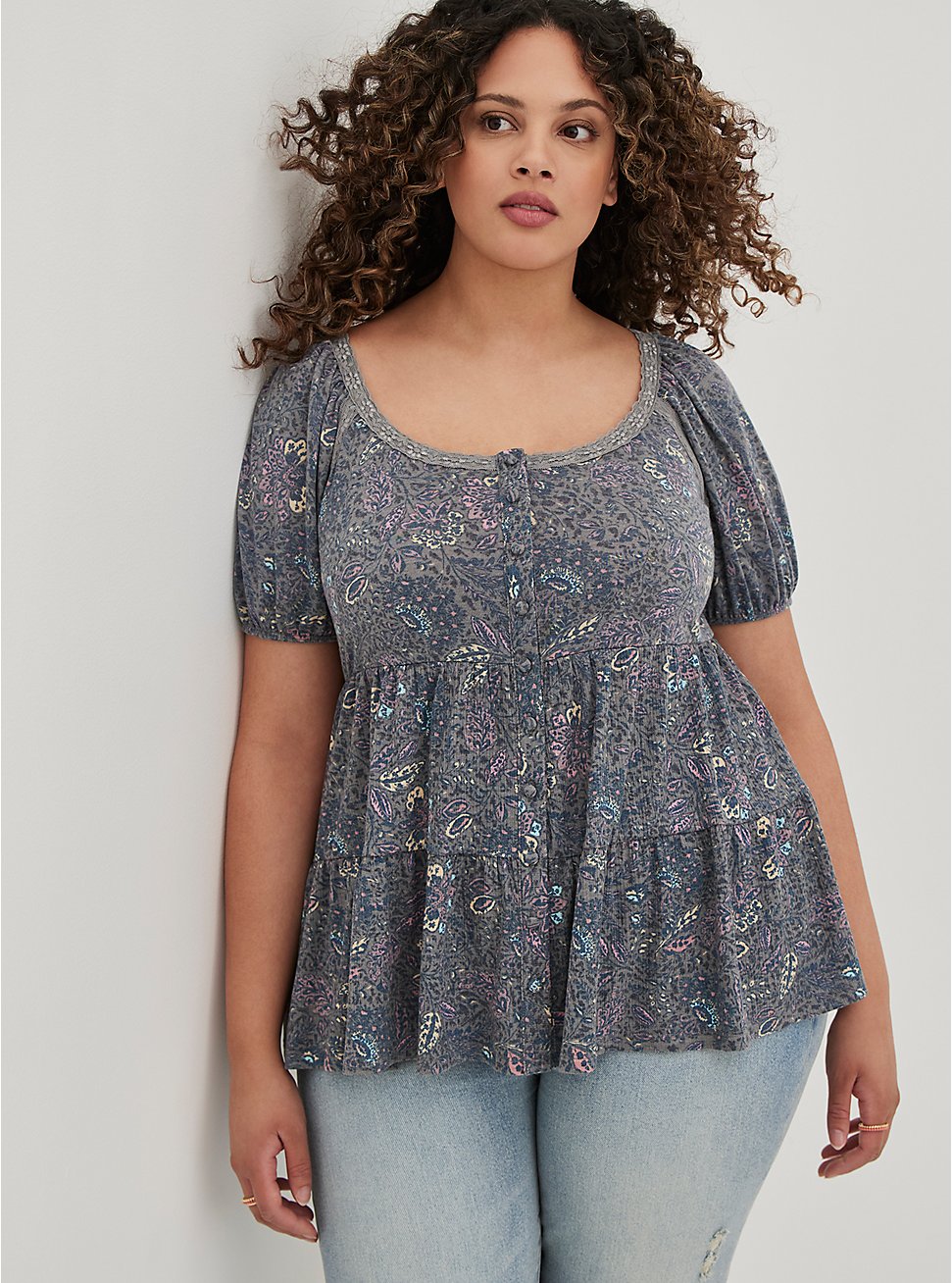 Plus Size Peasant Babydoll Top - Textured Jersey Boho Floral Grey, OTHER PRINTS, hi-res