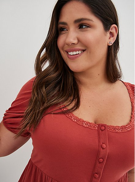 Plus Size Peasant Babydoll Top - Textured Jersey Rust, RED, alternate