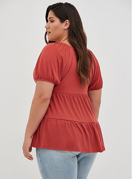 Plus Size Peasant Babydoll Top - Textured Jersey Rust, RED, alternate