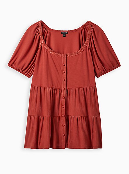 Plus Size Peasant Babydoll Top - Textured Jersey Rust, RED, hi-res