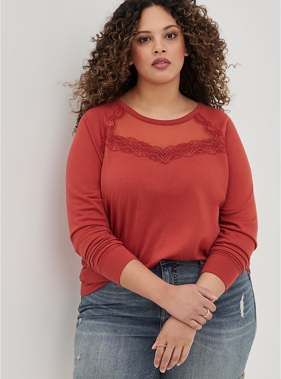 Plus Size Mesh Panel Sweatshirt - Lightweight French Terry Rust, RED, hi-res