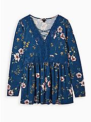 Plus Size Lace-Up Babydoll Top - Super Soft Floral Blue, OTHER PRINTS, hi-res