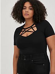 Plus Size Foxy Sweetheart Neckline Strappy Cutout Short Sleeve Top, BLACK, hi-res