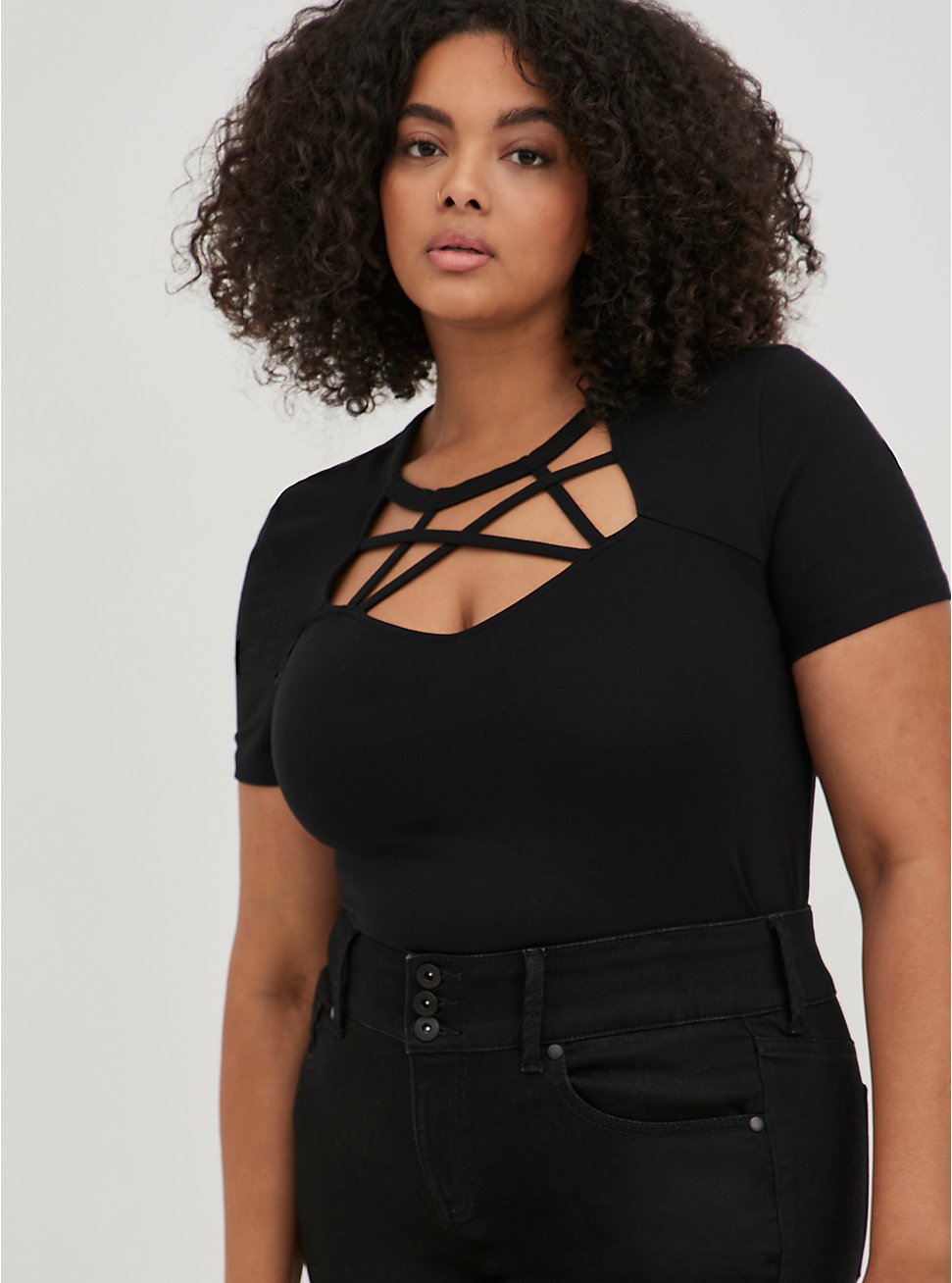 Plus Size Foxy Sweetheart Neckline Strappy Cutout Short Sleeve Top, BLACK, hi-res