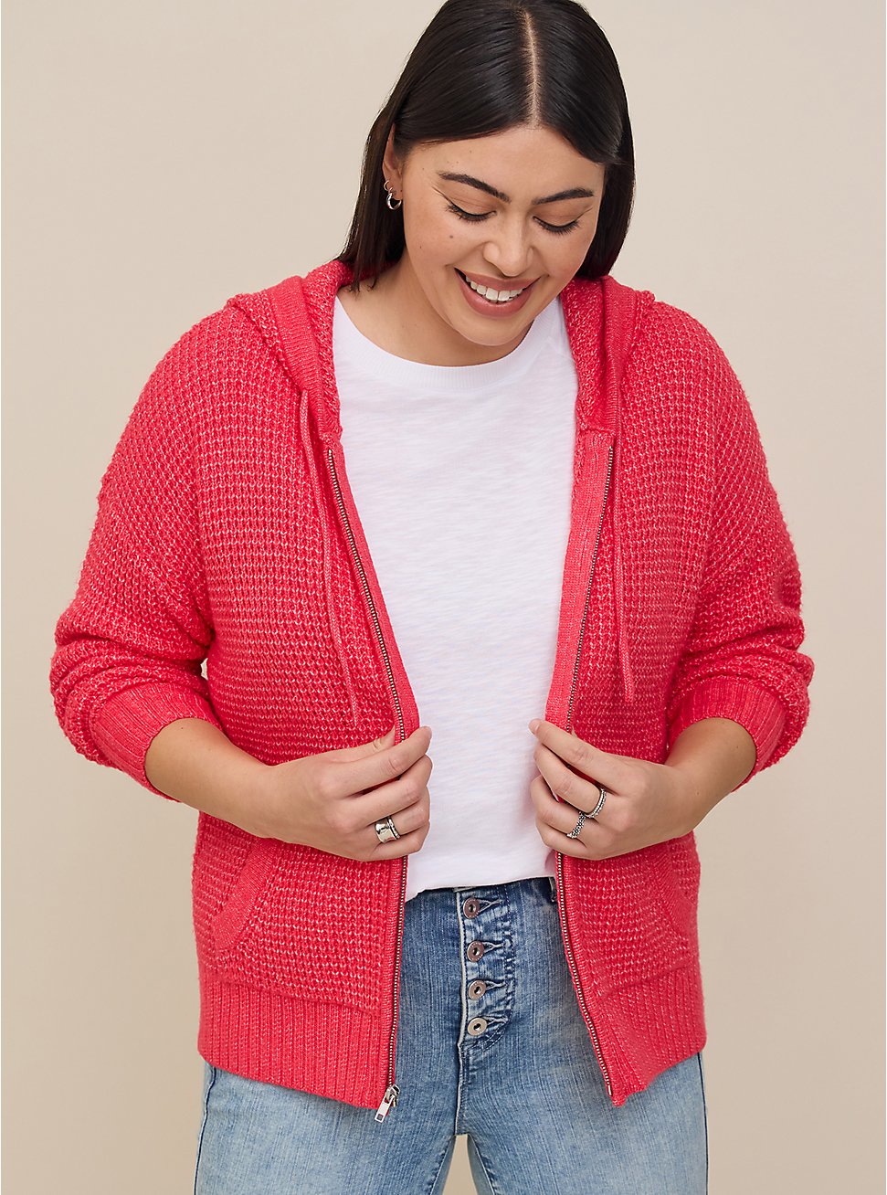 Waffle Cardigan Hooded Sweater, BERRY, hi-res