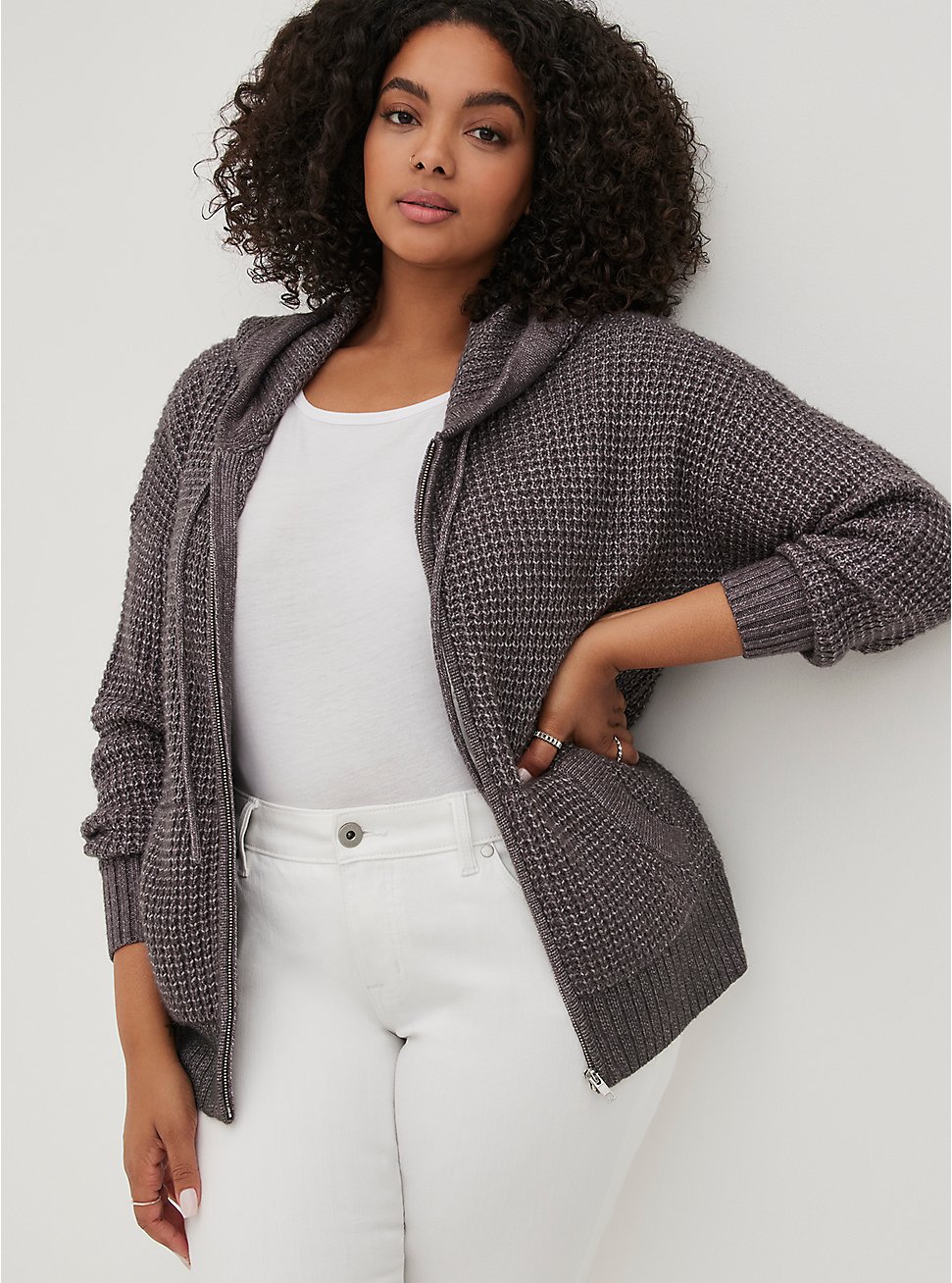 Plus Size Chunky Zip Sweater Hoodie - Grey, GRAY HTR, hi-res