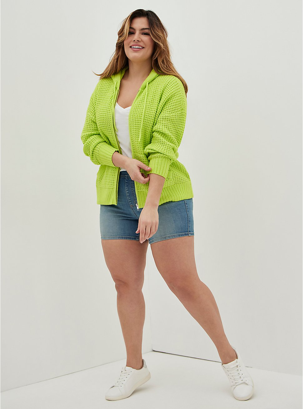 Plus Size Chunky Zip Sweater Hoodie - Lime, LIME, hi-res