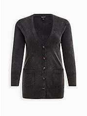 Longline Button Front Cardigan - Cotton Wash Black, BLACK, hi-res