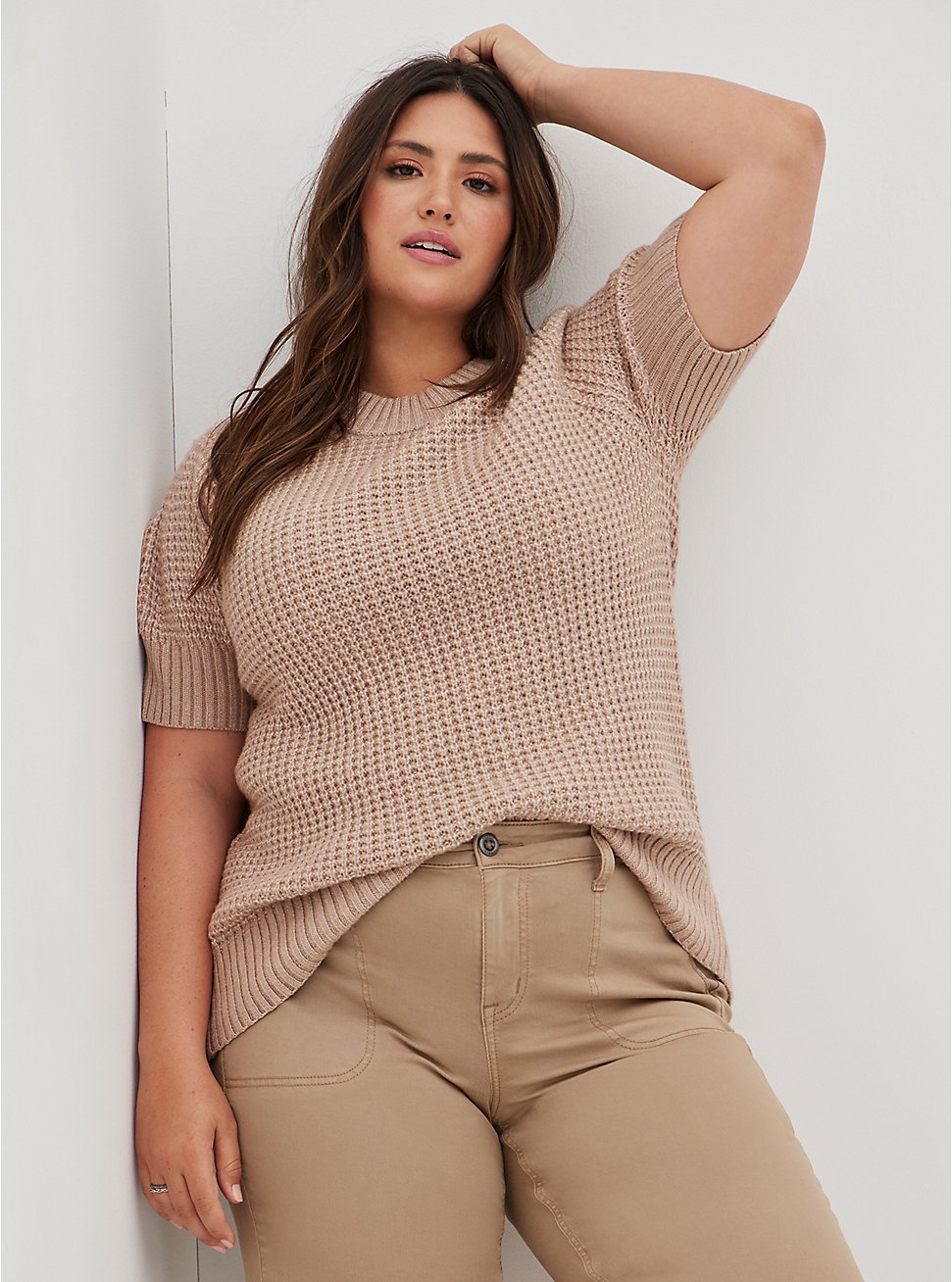 Chunky Pullover Short Sleeve Sweater, BEIGE, hi-res