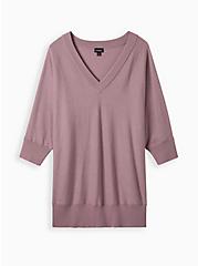 Pullover V-Neck Tunic Sweater, LILAC, hi-res