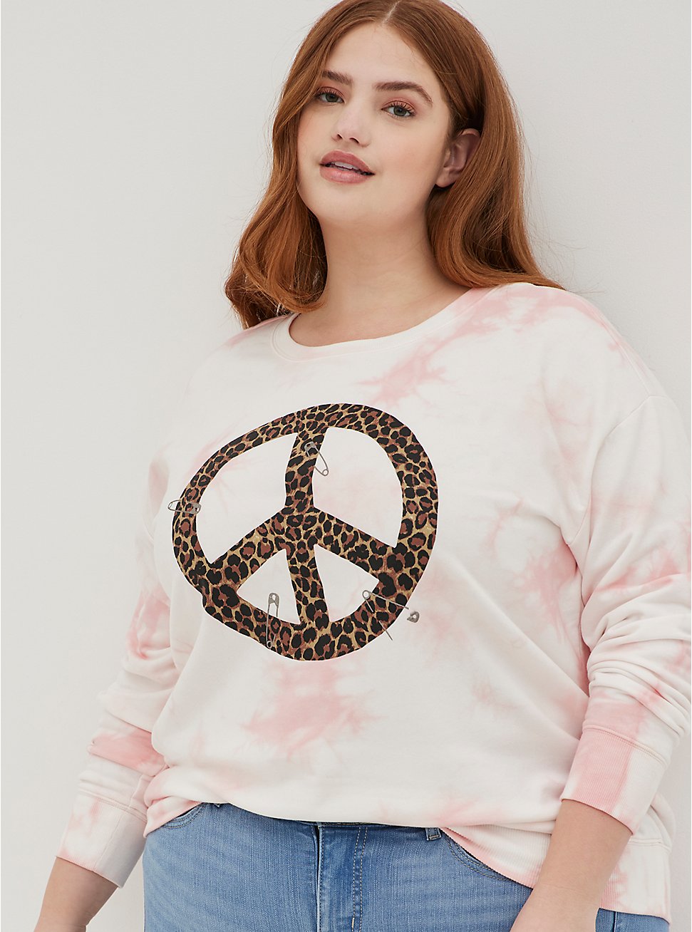 Drop Shoulder Sweatshirt - Super Soft Fleece Peace Tie Dye Pink Leopard, TIE DYE PINK, hi-res