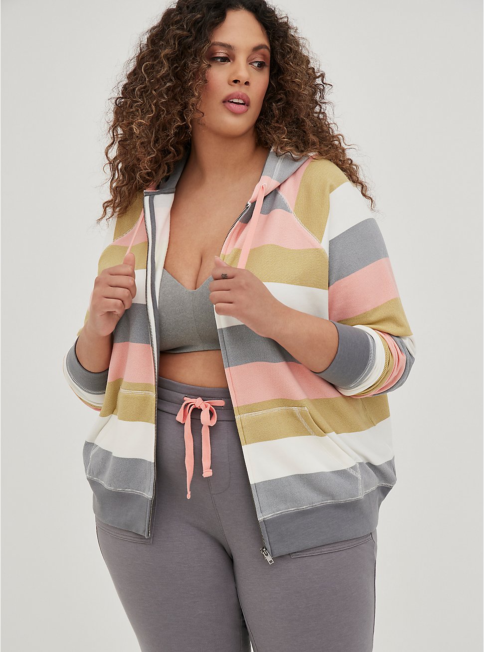 Plus Size Zip Hoodie - Super Soft Fleece Multi Stripe, GREEN, hi-res