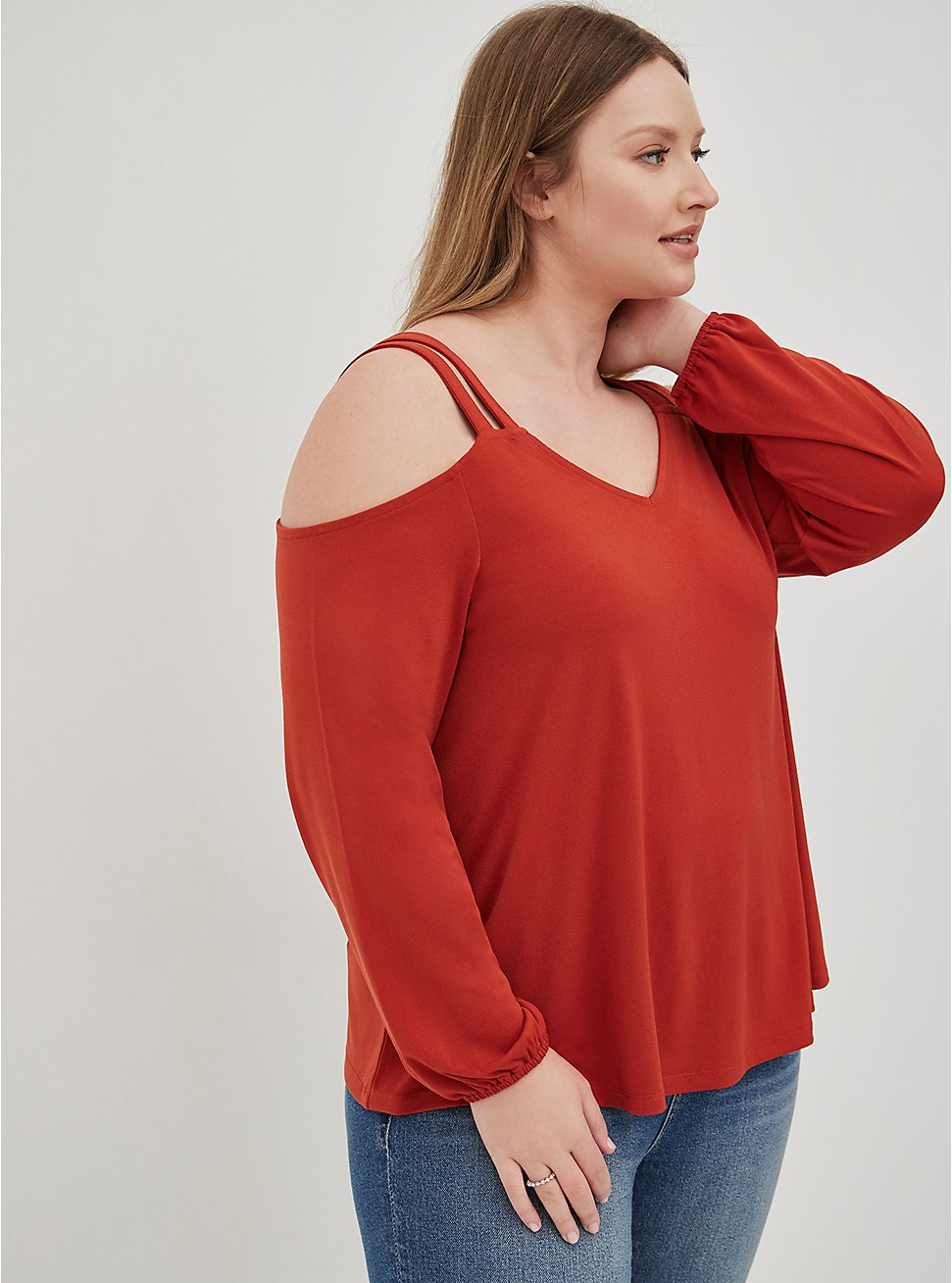 Plus Size Strappy Cold Shoulder Top - Crepe Red, RED, hi-res