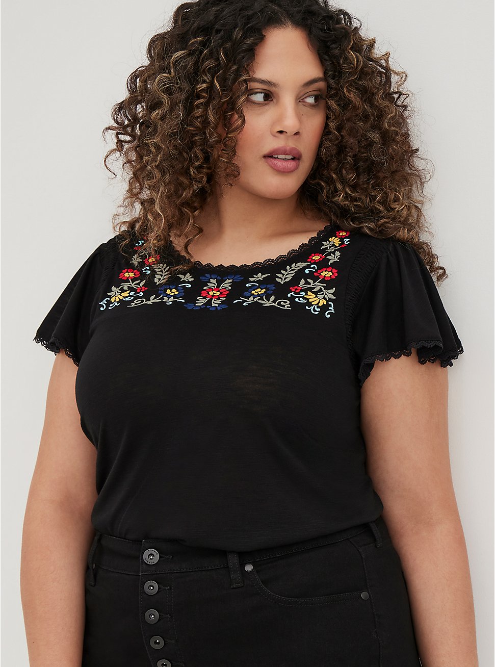 Plus Size Embroidered Swing Top - Polyester Black, DEEP BLACK, hi-res