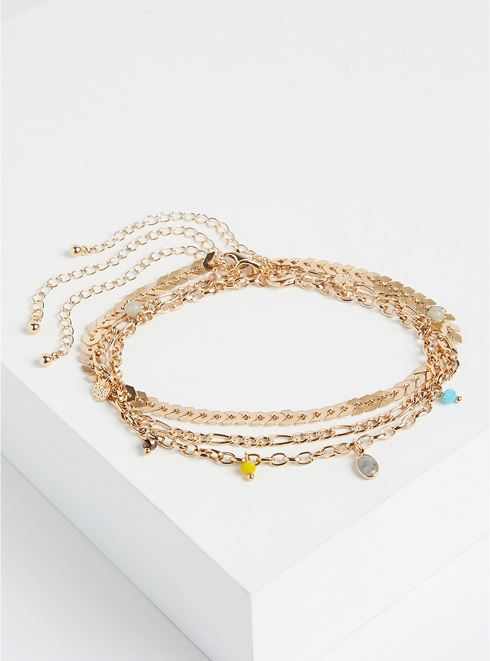 Plus Size Multi Beaded Link Anklet - Gold Tone , , hi-res