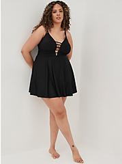 Plus Size Strappy Plunge Long Length Swim Dress - Black, DEEP BLACK, alternate