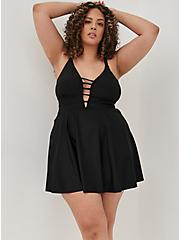 Plus Size Strappy Plunge Long Length Swim Dress - Black, DEEP BLACK, hi-res