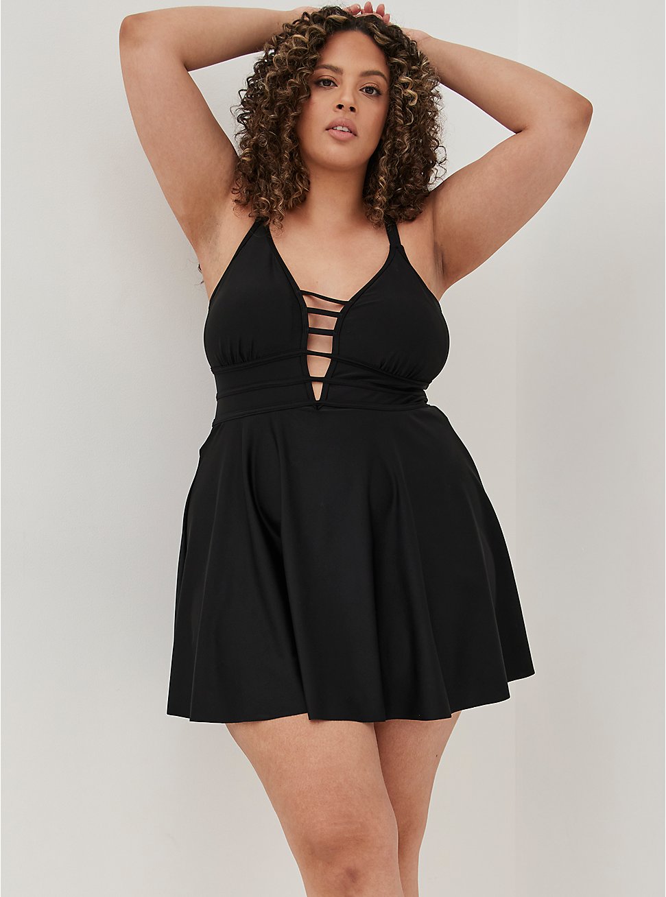 Plus Size Strappy Plunge Long Length Swim Dress - Black, DEEP BLACK, hi-res