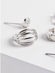Safety Pin & Stud Huggie Earring Set of 6 - Silver Tone, , alternate