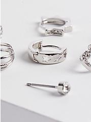 Safety Pin & Stud Huggie Earring Set of 6 - Silver Tone, , alternate